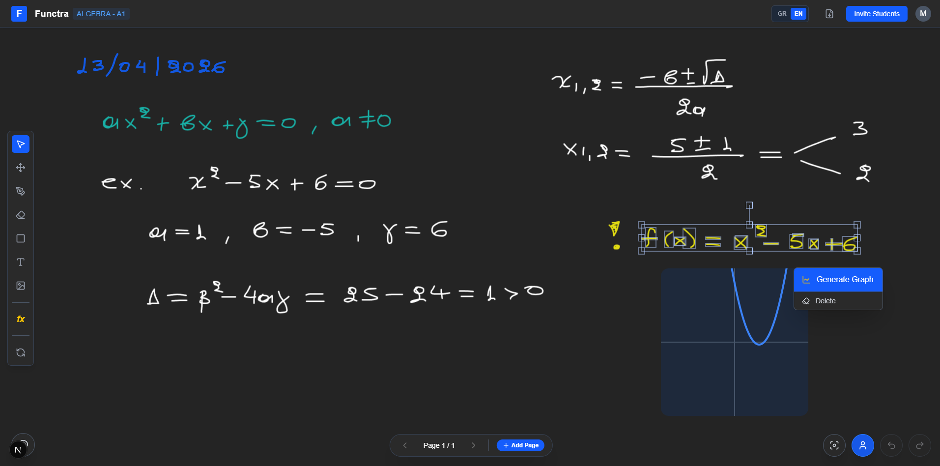 Functra Interactive Canvas showing algebra solving and graphing f(x) = x²-5x+6